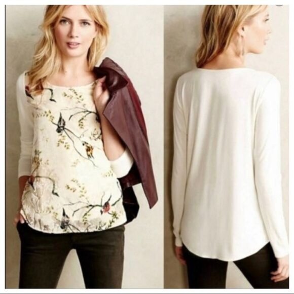 Anthropologie Deletta Bird Print Long Sleeve Top Cream S Velvet Burnout OAK SONG - Picture 1 of 7